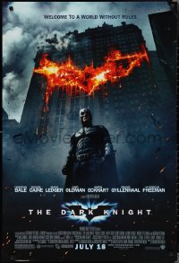 2c0929 DARK KNIGHT advance DS 1sh 2008 Christian Bale as Batman in front of burning bat symbol!