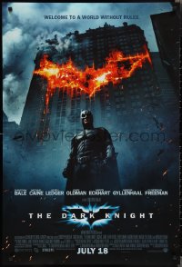 2c0930 DARK KNIGHT int'l advance DS 1sh 2008 Christian Bale as Batman in front of burning bat symbol!