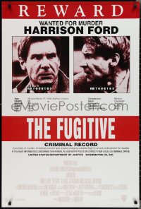 2c1000 FUGITIVE recalled int'l 1sh 1993 Harrison Ford is on the run, cool wanted poster design!