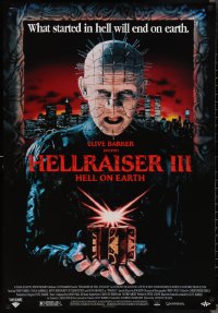 2c0099 HELLRAISER III: HELL ON EARTH 27x39 video poster 1992 Clive Barker, Pinhead holding cube!
