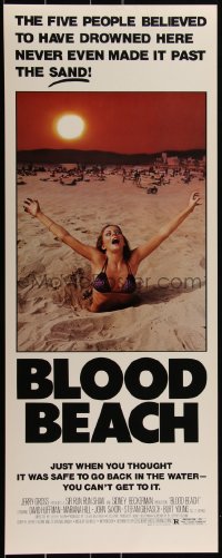 2c0671 BLOOD BEACH insert 1981 Jaws parody tagline, image of sexy girl in bikini sinking in sand!