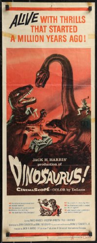 2c0686 DINOSAURUS insert 1960 great artwork of battling prehistoric T-rex & brontosaurus monsters!