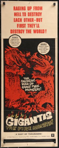 2c0702 GIGANTIS THE FIRE MONSTER insert 1959 Rehberger art of Godzilla breathing flames at Angurus!