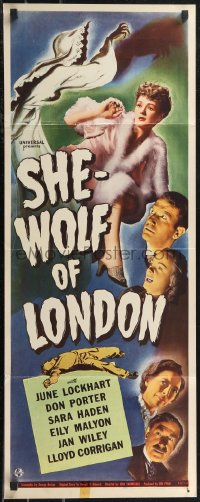 2c0761 SHE-WOLF OF LONDON insert 1946 cool art of spooky female hooded phantom + cast headshots!