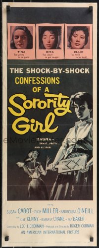 2c0764 SORORITY GIRL insert 1957 AIP, the shock by shock confessions of a bad girl, great art!