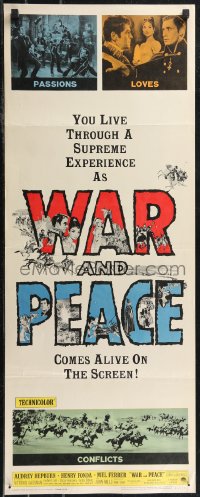 2c0776 WAR & PEACE insert R1963 art of Audrey Hepburn, Henry Fonda & Mel Ferrer, Leo Tolstoy epic!
