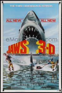 2c1109 JAWS 3-D 1sh 1983 Dennis Quaid, great Gary Meyer shark art, the third dimension is terror!