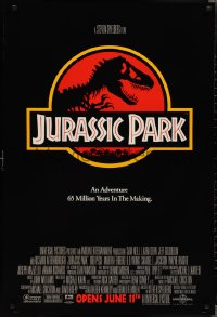 2c1122 JURASSIC PARK advance 1sh 1993 Steven Spielberg, classic logo with T-Rex over red background