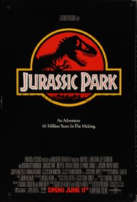 2c1121 JURASSIC PARK advance DS 1sh 1993 Steven Spielberg, classic logo with T-Rex over red background