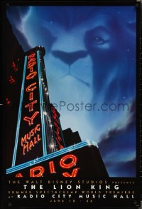 2c1162 LION KING advance 1sh 1994 Disney cartoon World Premiere at the Radio City Musical Hall!