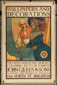 2c0109 JOHN GILKES & SONS 31x47 English advertising poster 1920s Leigh art of woman examining wallpaper!