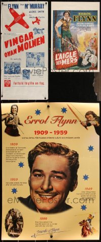 2d1098 LOT OF 3 FORMERLY FOLDED ERROL FLYNN POSTERS 1940s-1990s great images from his movies!