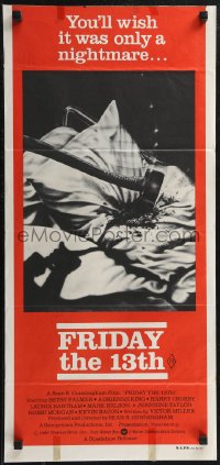 2f0646 FRIDAY THE 13th Aust daybill 1980 Joann art of axe in pillow, wish it was a nightmare!