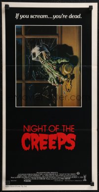 2f0657 NIGHT OF THE CREEPS Aust daybill 1986 cool monster hand artwork, if you scream you're dead!