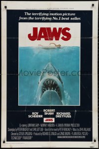 2f0791 JAWS int'l 1sh 1975 Kastel art of Spielberg's man-eating shark attacking sexy swimmer!