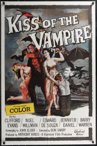 2f0798 KISS OF THE VAMPIRE 1sh 1963 Hammer, cool art of devil bats attacking by Joseph Smith!