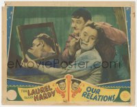 2f1347 OUR RELATIONS LC 1936 wacky image of Oliver Hardy giving Stan Laurel a shave by mirror!