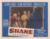 2f1375 SHANE LC #3 1953 Alan Ladd in buckskin enters homestead of Van Heflin & Jean Arthur!
