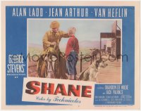 2f1374 SHANE LC #5 1953 best card in set, Alan Ladd in buckskin on horseback with Brandon de Wilde!