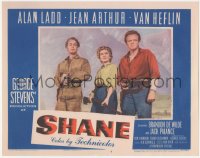 2f1373 SHANE LC #6 1953 posed studio portrait of Alan Ladd, Jean Arthur & Van Heflin with guns!