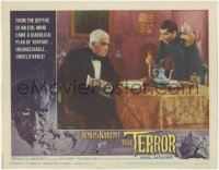 2f1406 TERROR LC #3 1963 young Jack Nicholson confronts old Boris Karloff at table, Roger Corman