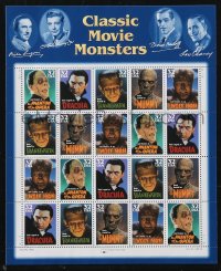 2f1448 CLASSIC MOVIE MONSTERS stamp sheet 1996 Frankenstein, Dracula, Mummy, Wolf Man, 20 stamps!