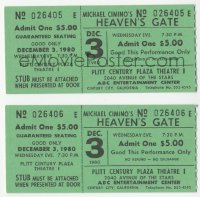 2f1449 HEAVEN'S GATE 2 ticket stubs 1980 from the Plitt Century Plaza Theatre in Century City, CA!