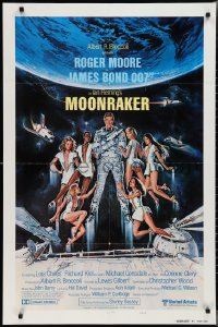 2f0819 MOONRAKER style B int'l teaser 1sh 1979 Goozee art of Moore as James Bond & sexy girls!