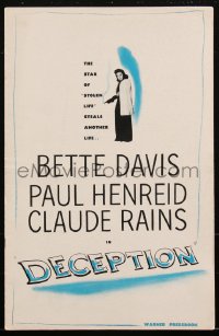 2f0227 DECEPTION pressbook 1946 great images of Bette Davis, Paul Henreid & Claude Rains, very rare!