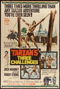 2g0108 TARZAN'S THREE CHALLENGES 40x60 1963 Edgar Rice Burroughs, artwork of bound Jock Mahoney!