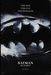 2g1055 BATMAN RETURNS teaser 1sh 1992 Burton, Keaton, The Bat, The Cat, The Penguin, logo design!