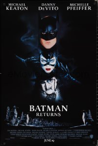 2g1054 BATMAN RETURNS int'l advance 1sh 1992 Burton, Keaton, DeVito, Pfeiffer, cool white date design!