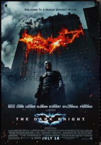 2g1106 DARK KNIGHT advance DS 1sh 2008 Christian Bale as Batman in front of burning bat symbol!