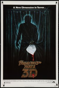 2g1147 FRIDAY THE 13th PART 3 - 3D 1sh 1982 slasher sequel, art of Jason stabbing through shower!