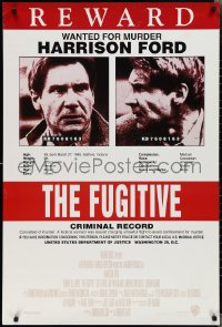 2g1154 FUGITIVE recalled int'l 1sh 1993 Harrison Ford is on the run, cool wanted poster design!