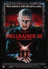 2g0593 HELLRAISER III: HELL ON EARTH 27x39 video poster 1992 Clive Barker, Pinhead holding cube!