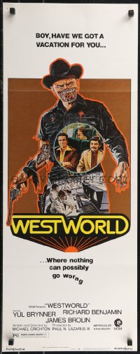2g1016 WESTWORLD insert 1973 Michael Crichton, cool artwork of cyborg Yul Brynner by Neal Adams!