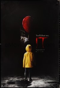 2g1215 IT teaser DS 1sh 2017 creepy image of Pennywise handing child balloon, you'll float too!
