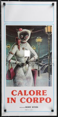 2g0420 CALORE IN CORPO Italian locandina 1985 wild artwork of naked woman inside cat suit, Body Heat!