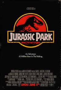 2g1234 JURASSIC PARK advance 1sh 1993 Steven Spielberg, classic logo with T-Rex over red background