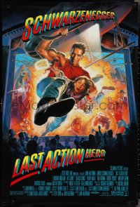 2g1245 LAST ACTION HERO 1sh 1993 cool Morgan art of Arnold Schwarzenegger crashing through screen!