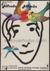2g0628 ALFREDO ALFREDO Polish 23x33 1974 colorful Ruminski artwork of face & birds!