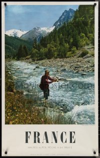 2g0153 FRANCE 25x39 French travel poster 1960s man fishing w/ Alps in the background!