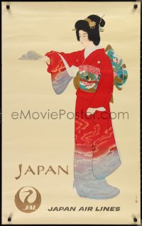 2g0154 JAPAN AIR LINES JAPAN 25x39 Japanese travel poster 1960s Shoen Uemura geisha girl art!