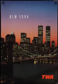 2g0157 TWA NEW YORK 26x38 travel poster 1990s cool image of Twin Towers & New York City skyline!