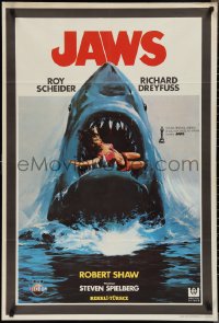 2g0170 JAWS Turkish 1981 best different art of classic man-eating shark with sexy girl in mouth!