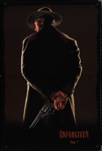 2g1478 UNFORGIVEN teaser DS 1sh 1992 image of gunslinger Clint Eastwood w/back turned, dated design!