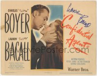 2h0374 CONFIDENTIAL AGENT signed TC 1945 by Lauren Bacall, The Look about to kiss Charles Boyer!
