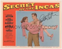 2h0532 SECRET OF THE INCAS signed LC #5 1954 by Charlton Heston, who's carrying pretty Nicole Maurey!