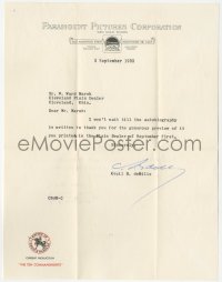 2h0021 CECIL B. DEMILLE signed letter 1953 while making The Ten Commandments, thanking Ward Marsh!